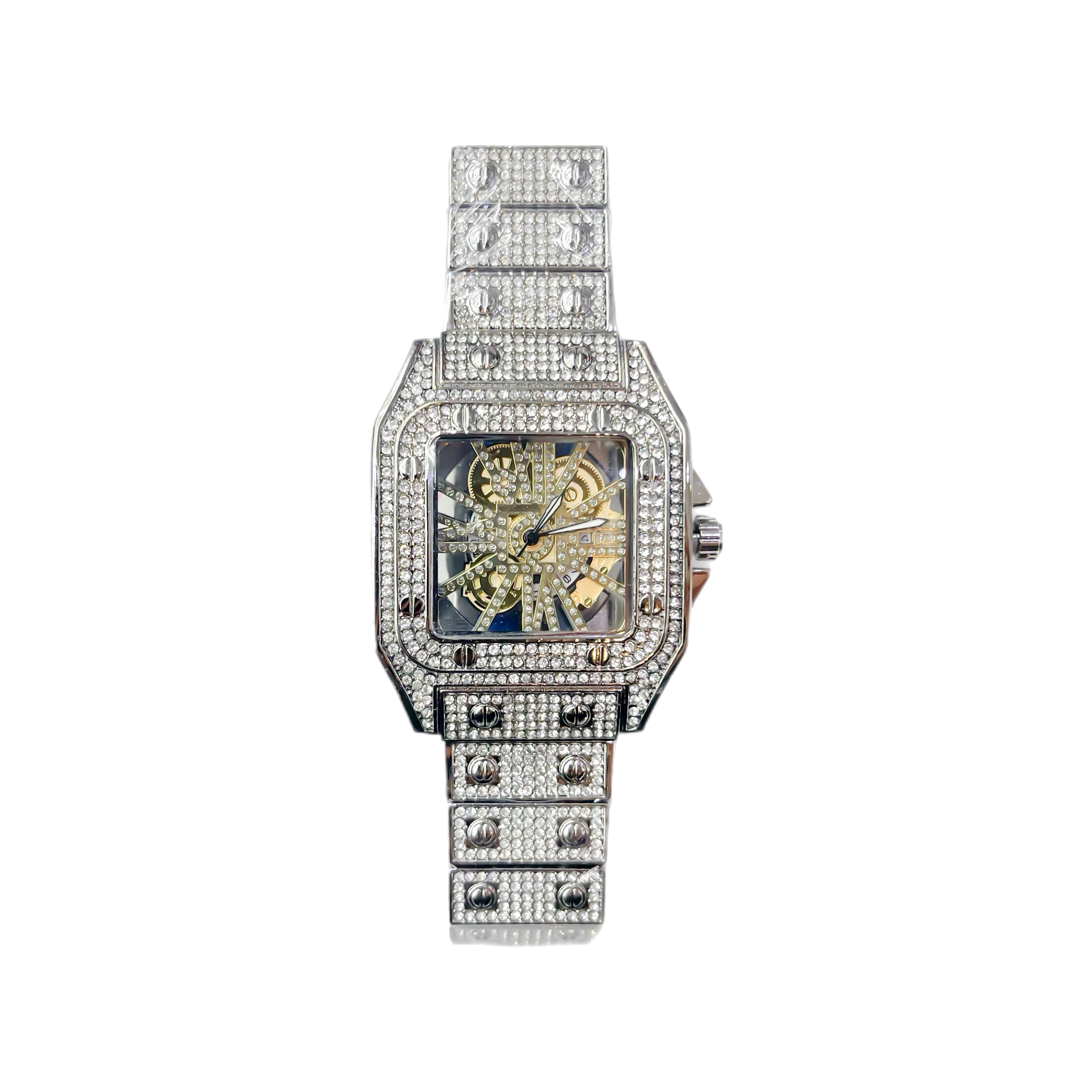 Iced Out CZ Stainless Steel Automatic Watch - Silver