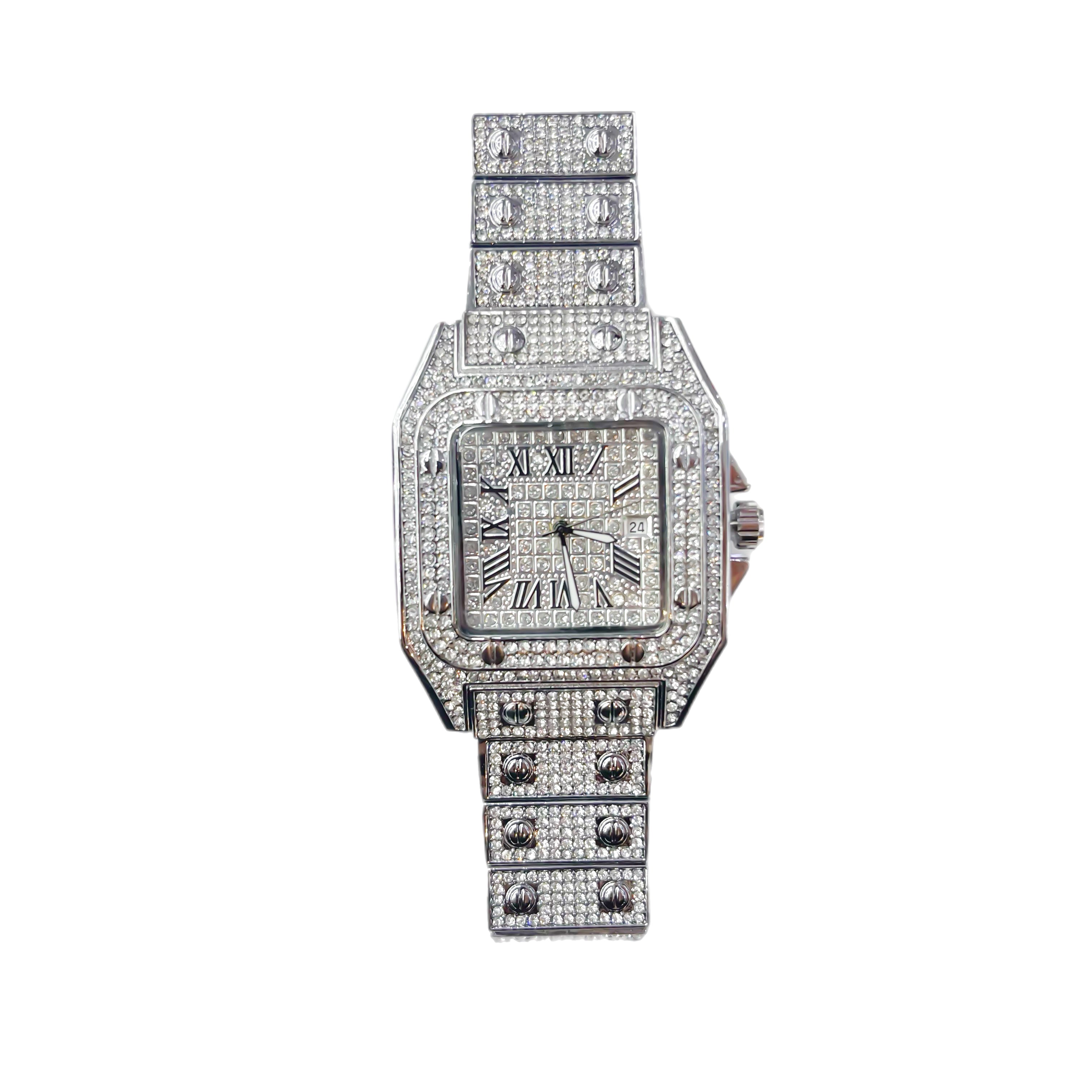 Iced Out CZ Stainless Steel Automatic Watch - Silver